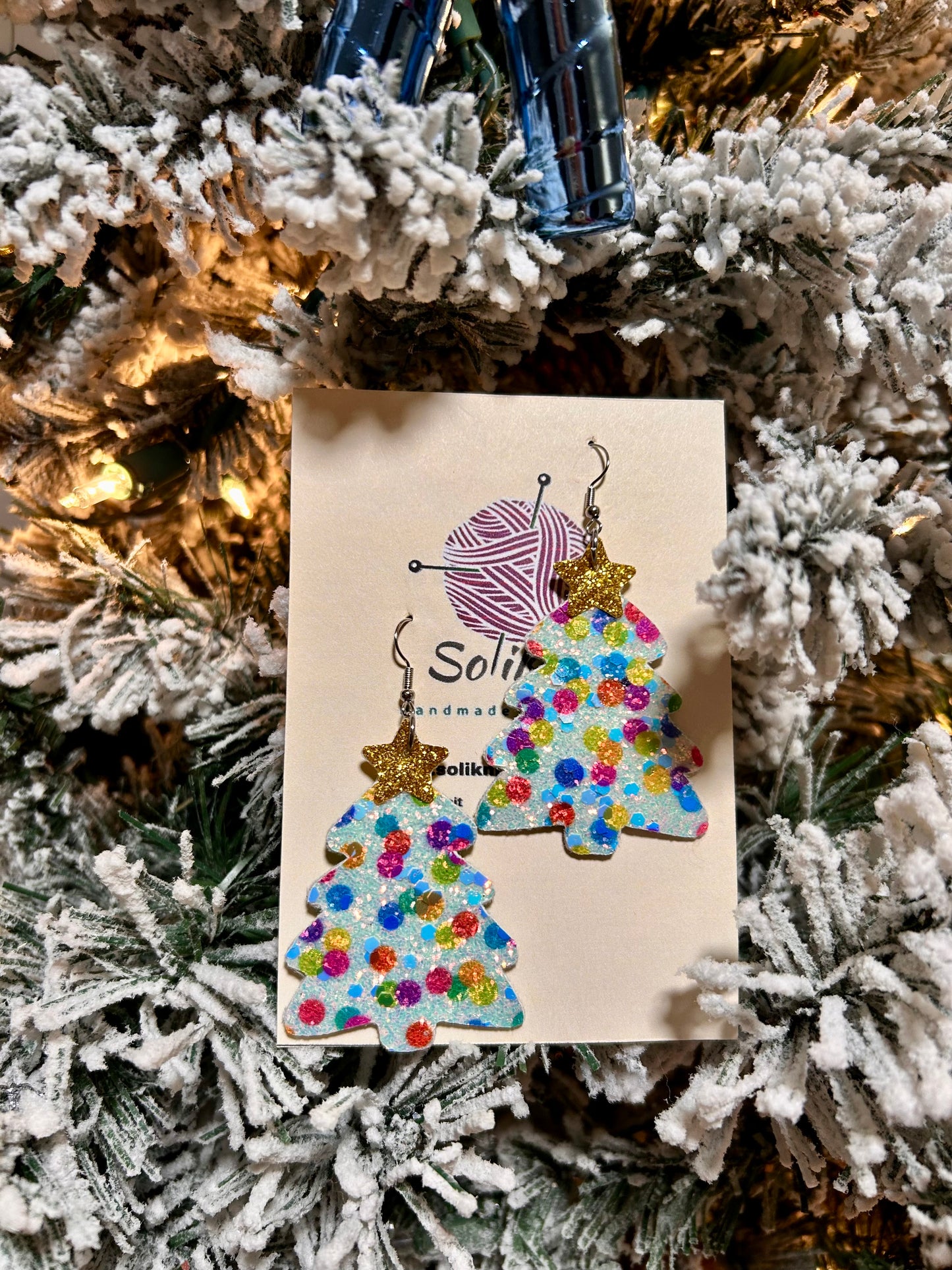 Christmas tree with star Glitter leather earrings (colorful)