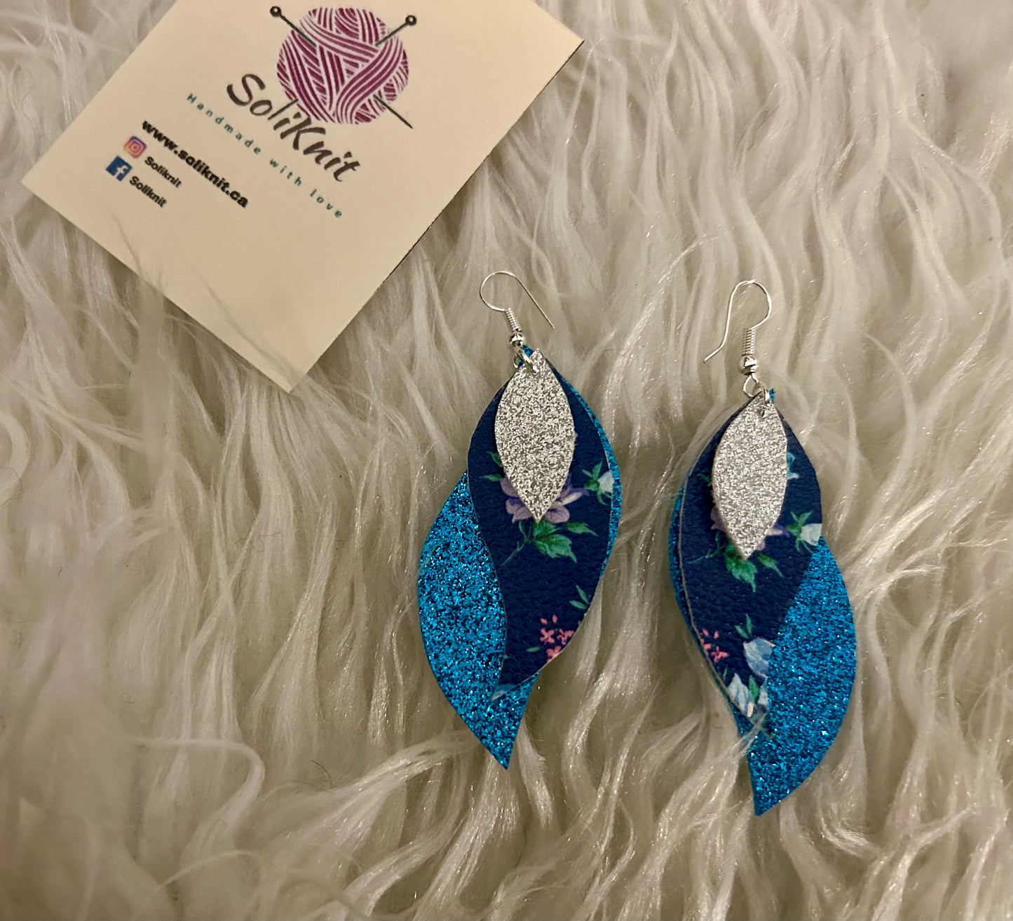 Blue Triple Stacked leather earrings