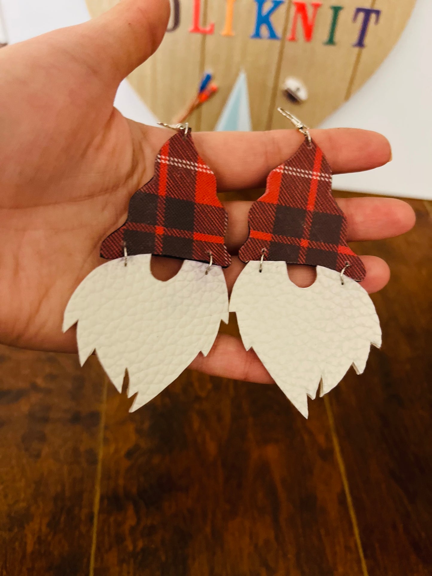 Buffalo plaid gnome leather earrings