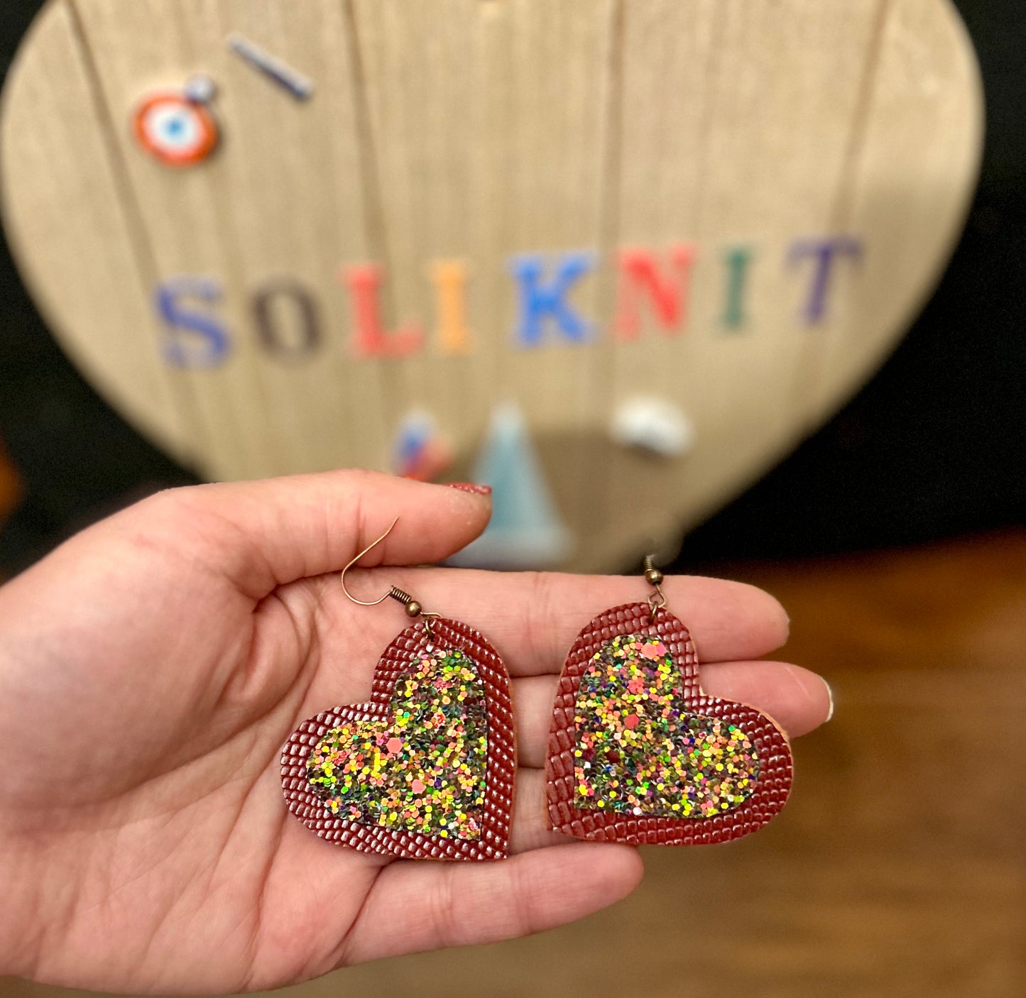 Maroon- green heart leather earrings