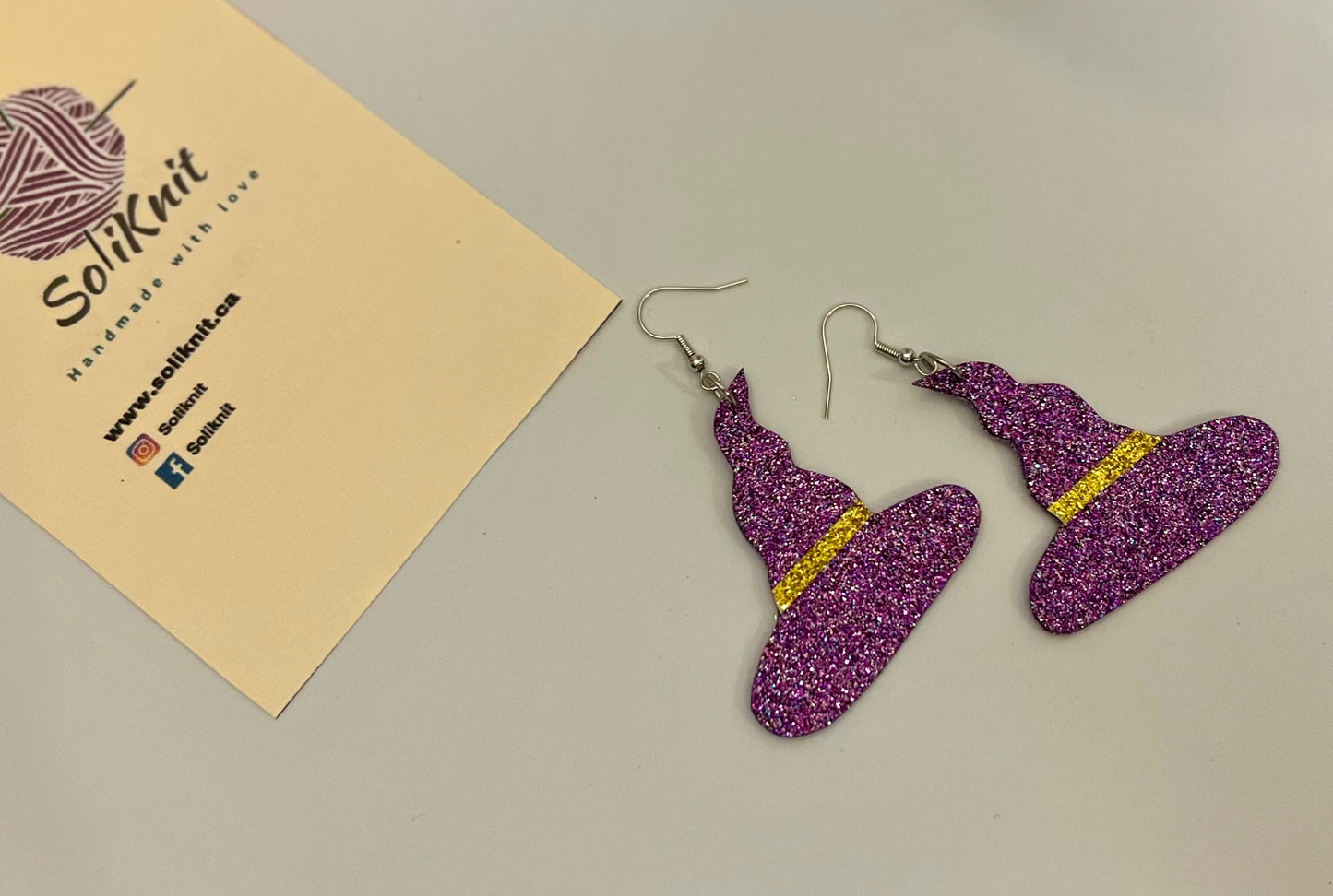 Purple glitter witch hat earrings