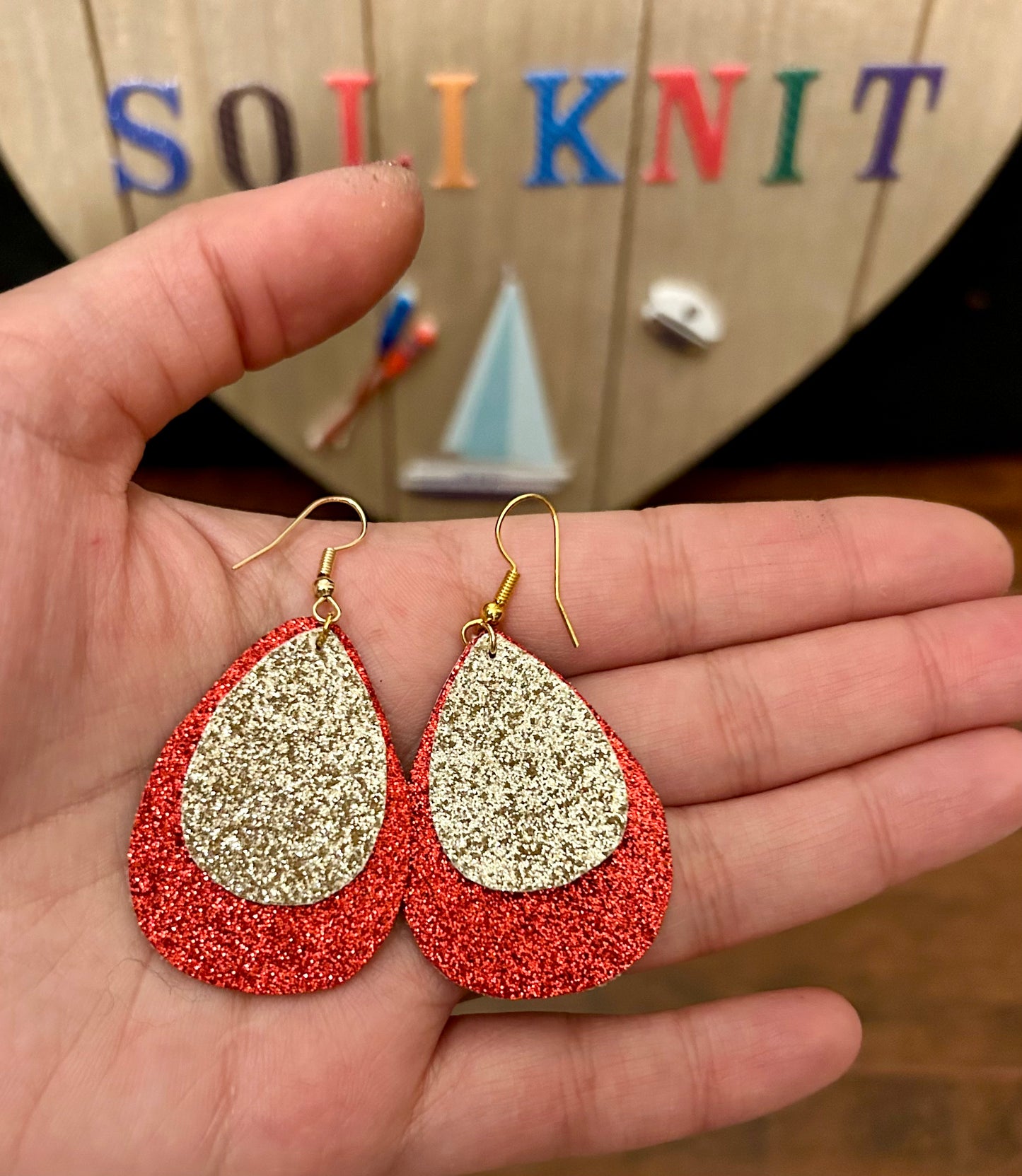 Red and gold Glitter tear drop of double leaf leather earrings