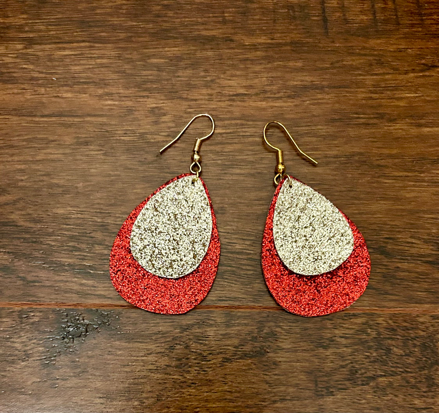 Red and gold Glitter tear drop of double leaf leather earrings