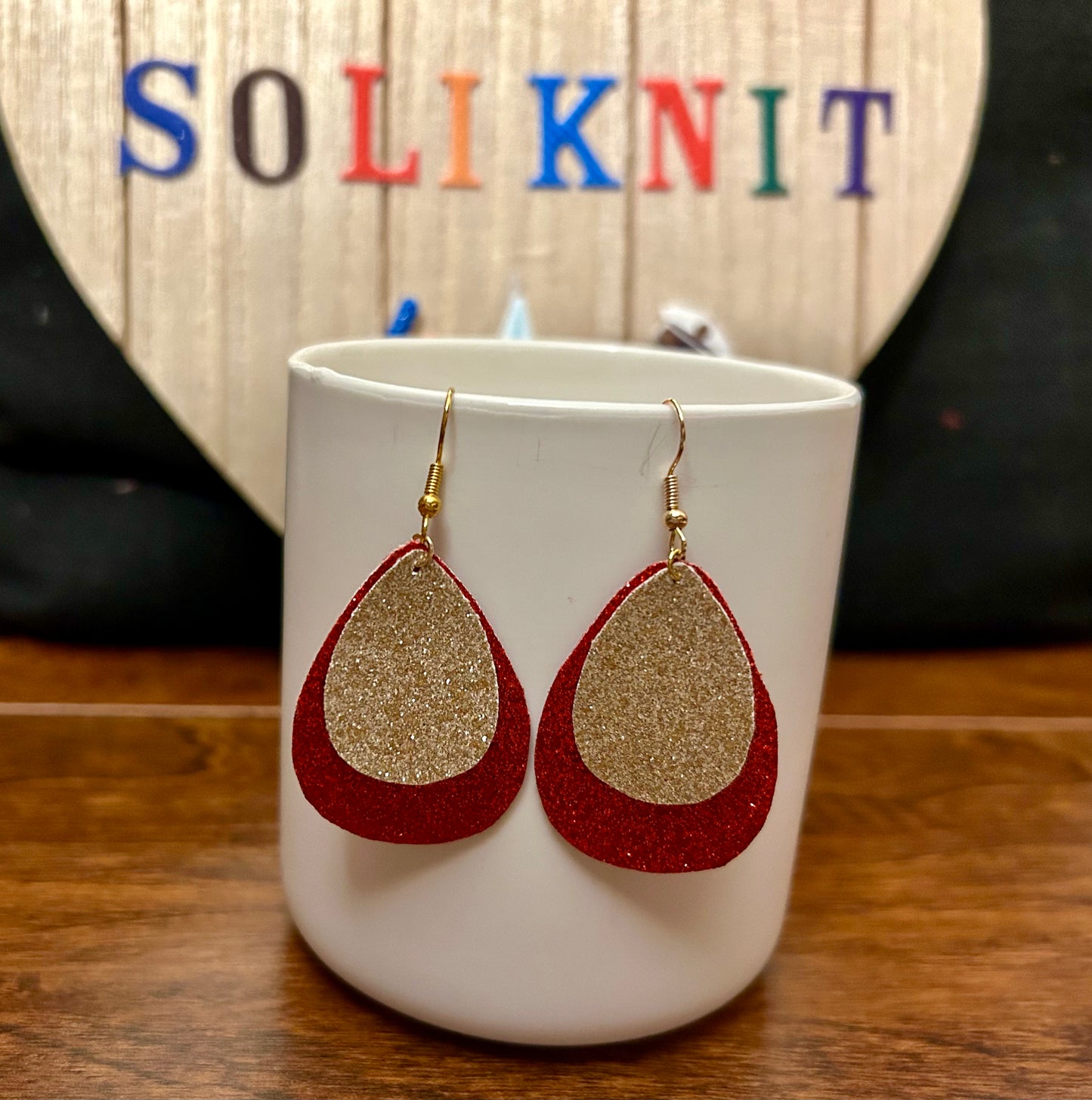 Red and gold Glitter tear drop of double leaf leather earrings