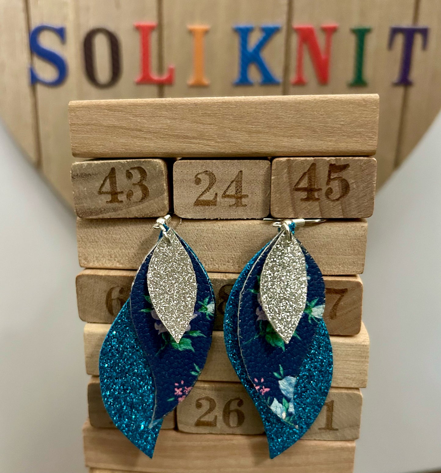 Blue Triple Stacked leather earrings
