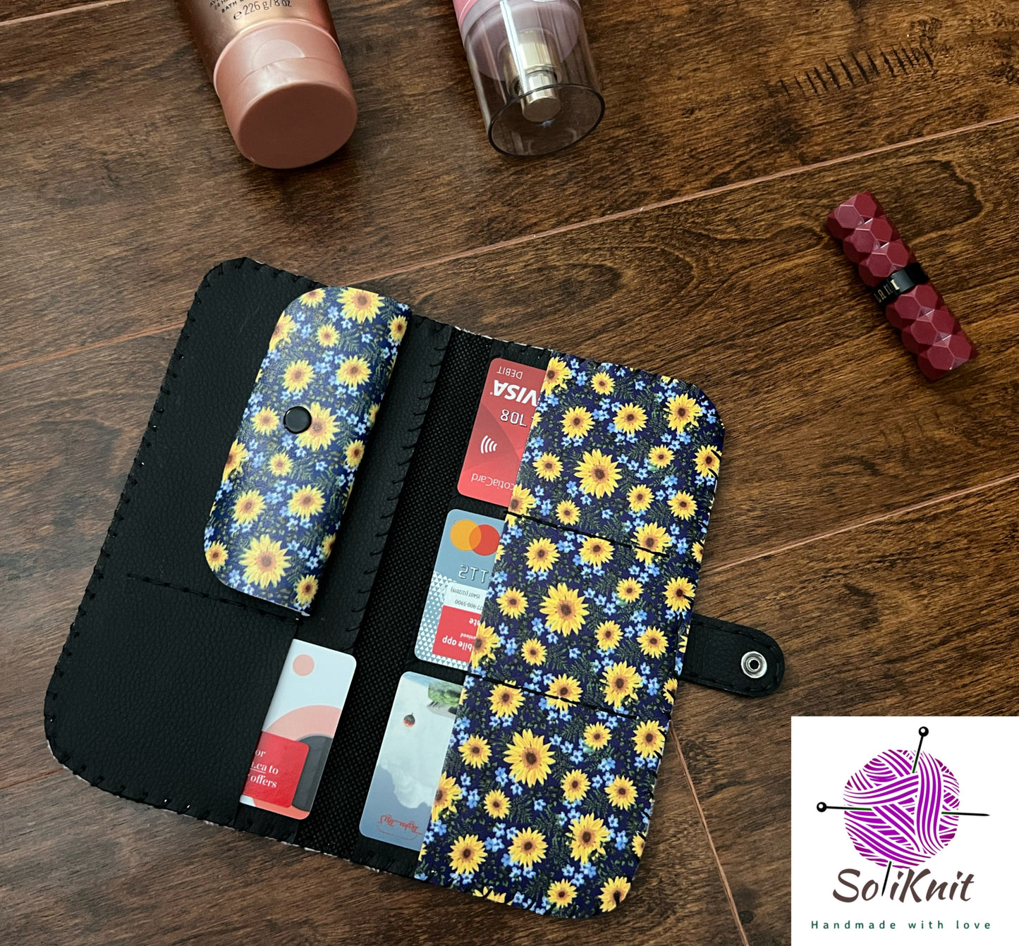 Woman leather wallet (black sunflower)