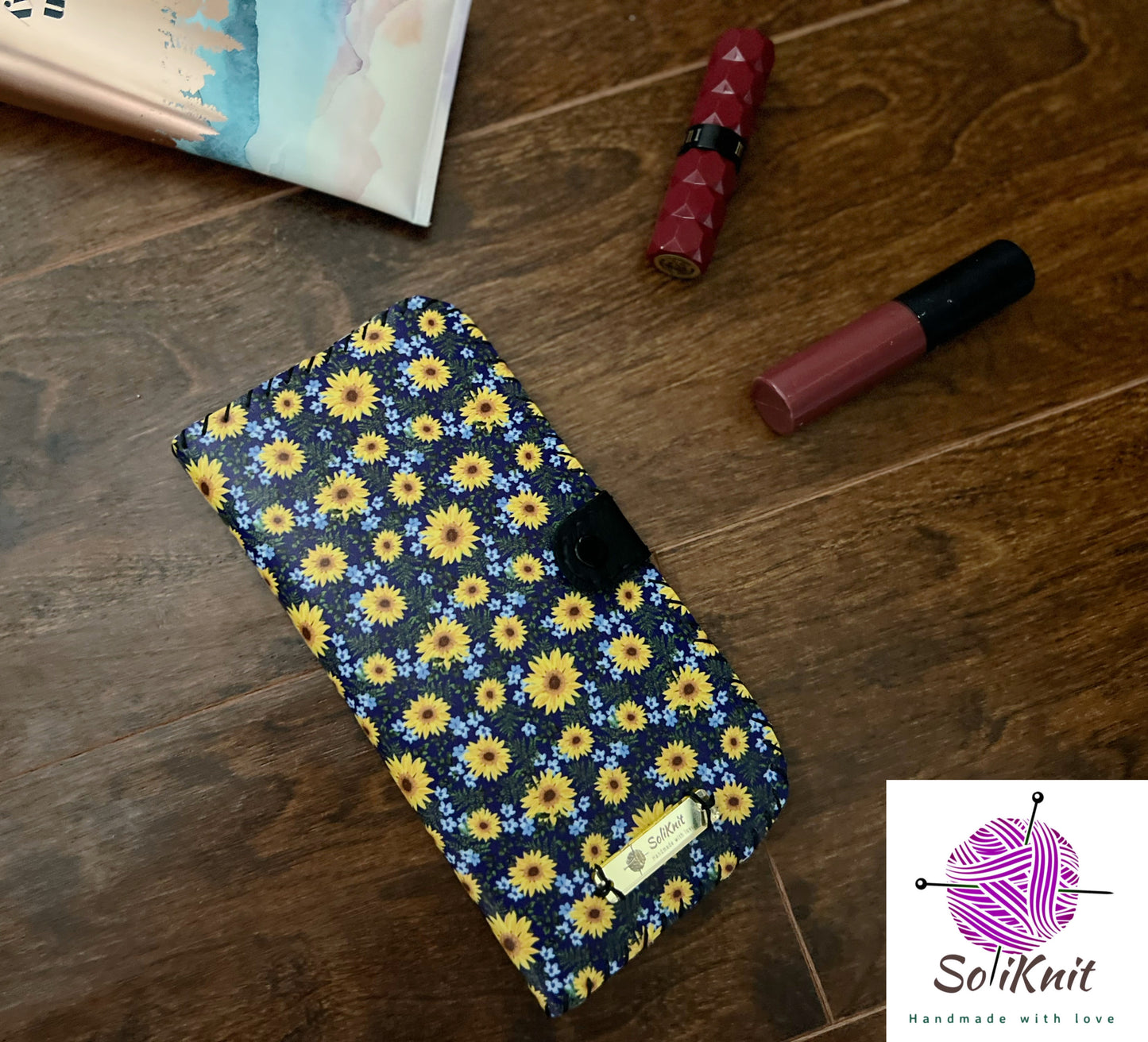 Woman leather wallet (black sunflower)
