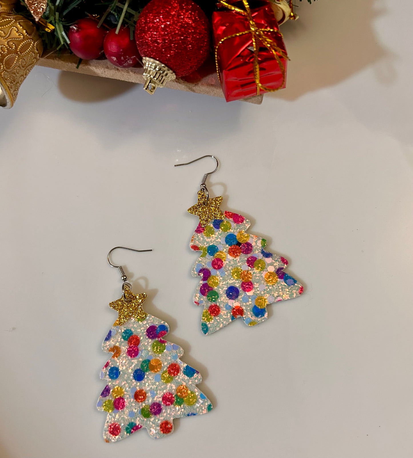 Christmas tree with star Glitter leather earrings (colorful)