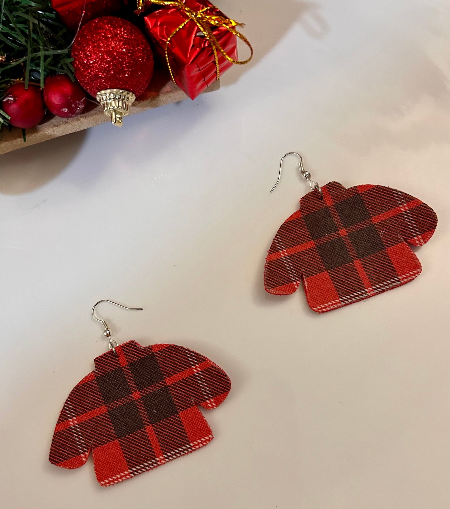 Plaid sweater leather earrings