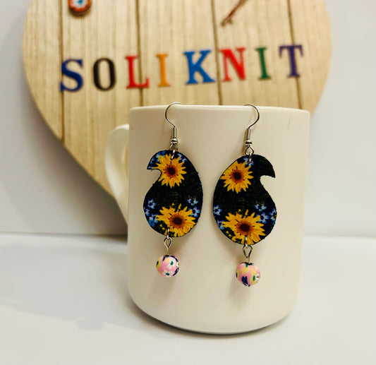 Black sunflower Paisley leather earrings