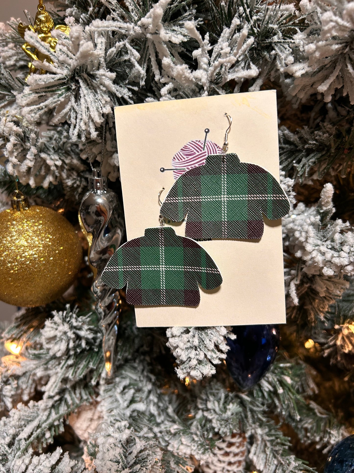 Plaid sweater leather earrings