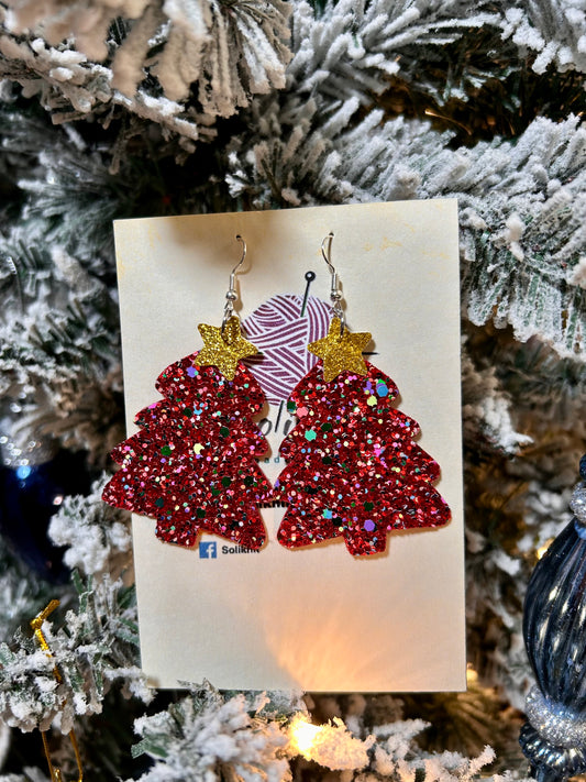 Christmas tree with star Glitter leather earrings (red)