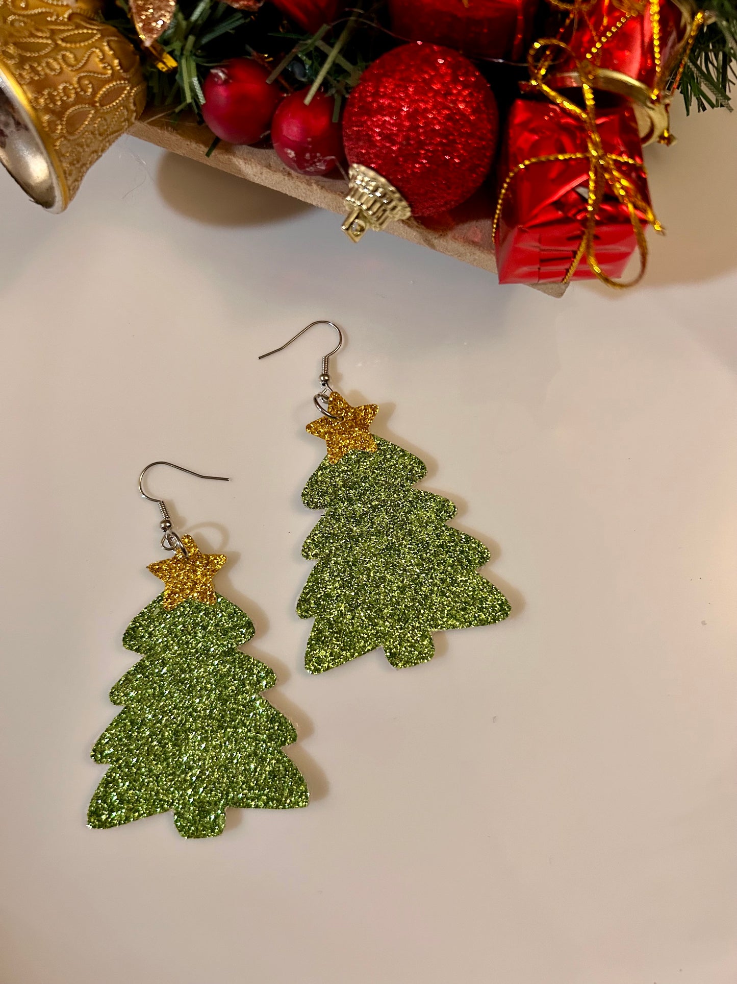 Christmas tree with star Glitter leather earrings (colorful)