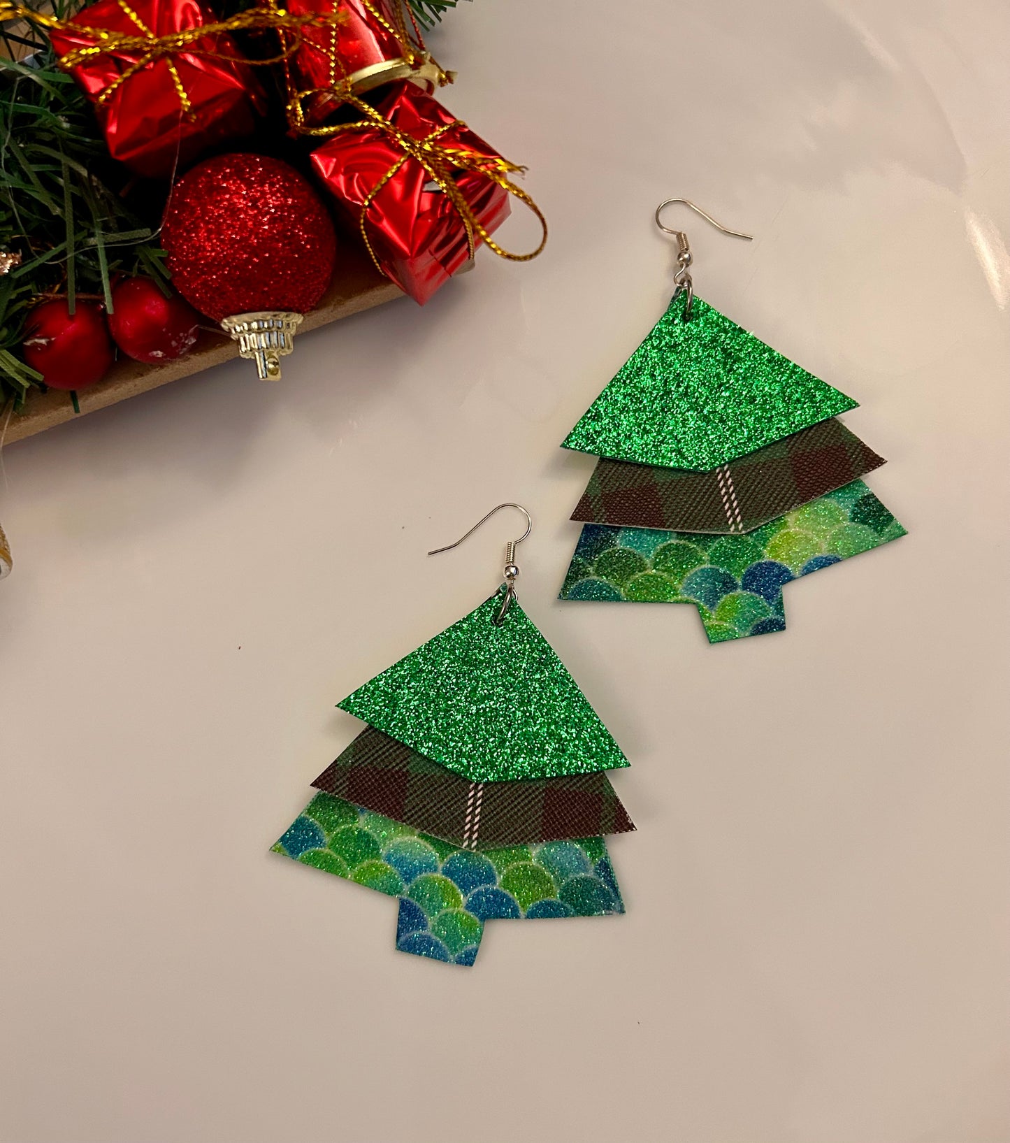 Triple layer Christmas tree Glitter leather earrings