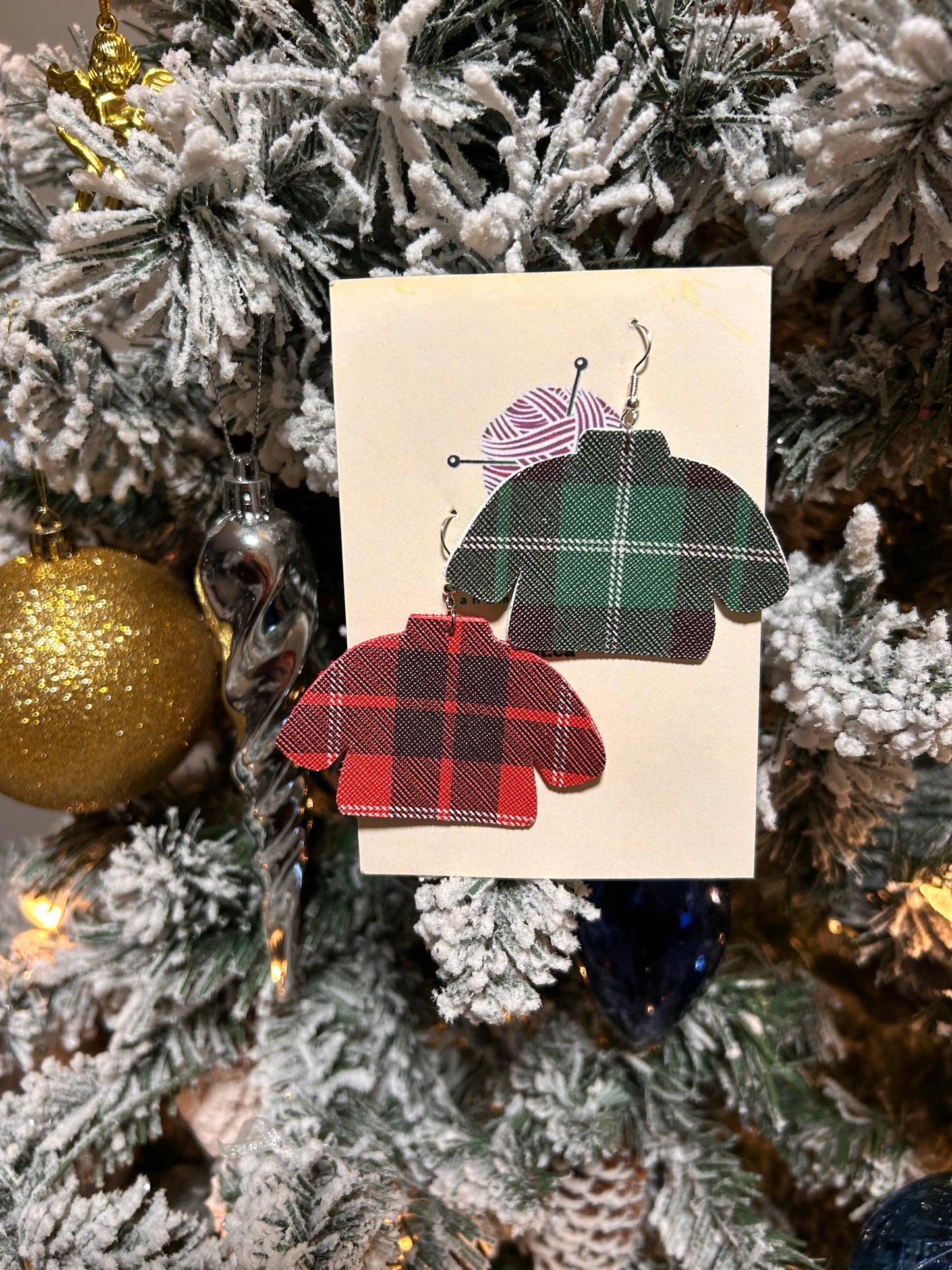 Plaid sweater leather earrings