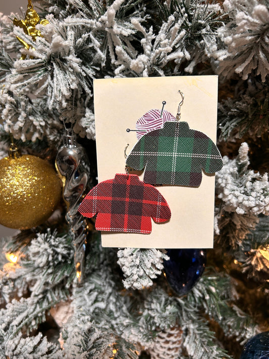 Plaid sweater leather earrings