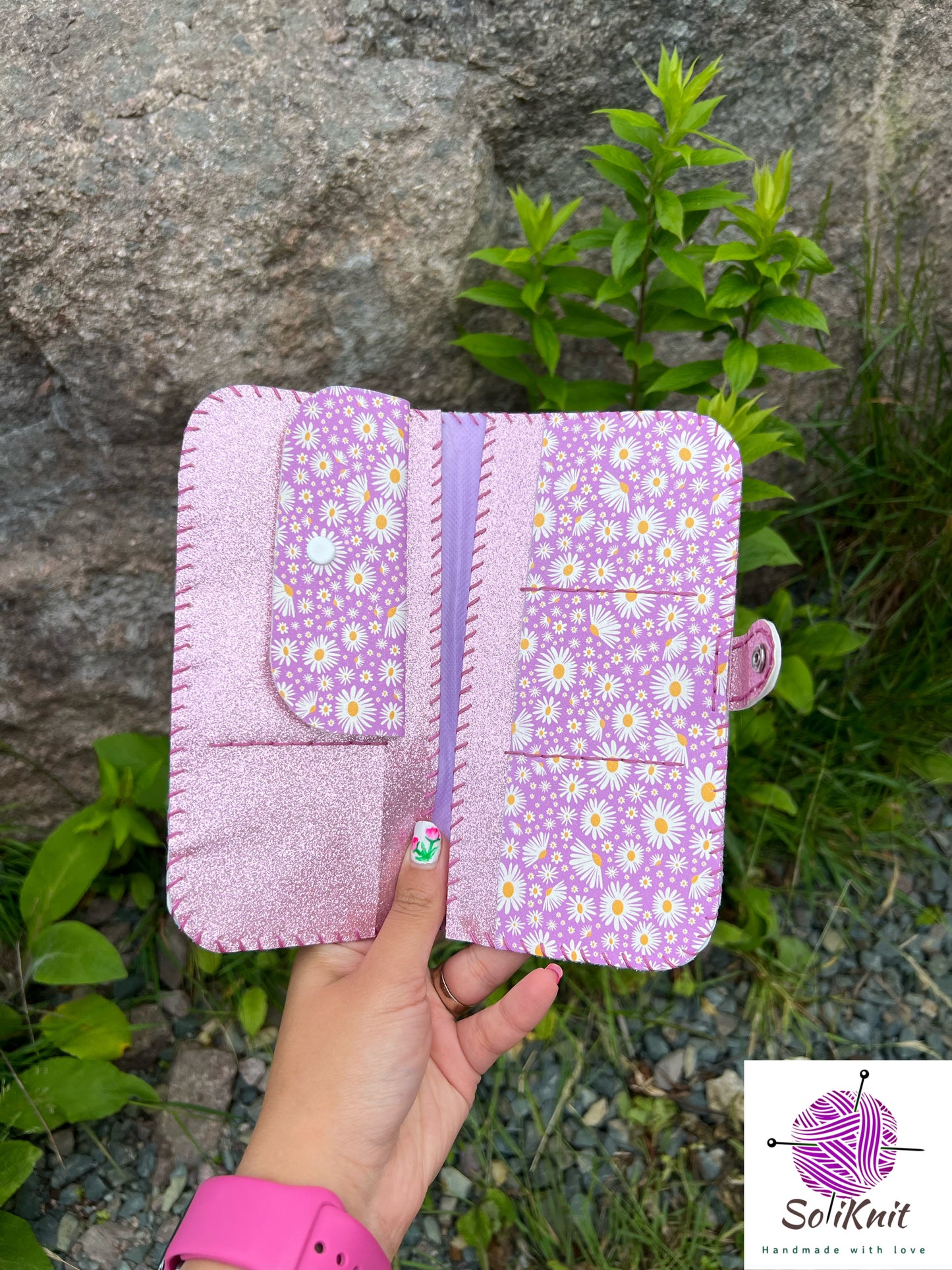 Woman leather wallet (pink Daisy)