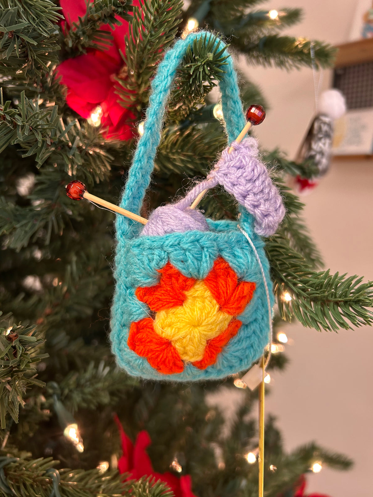 Granny square yarn bag ornament