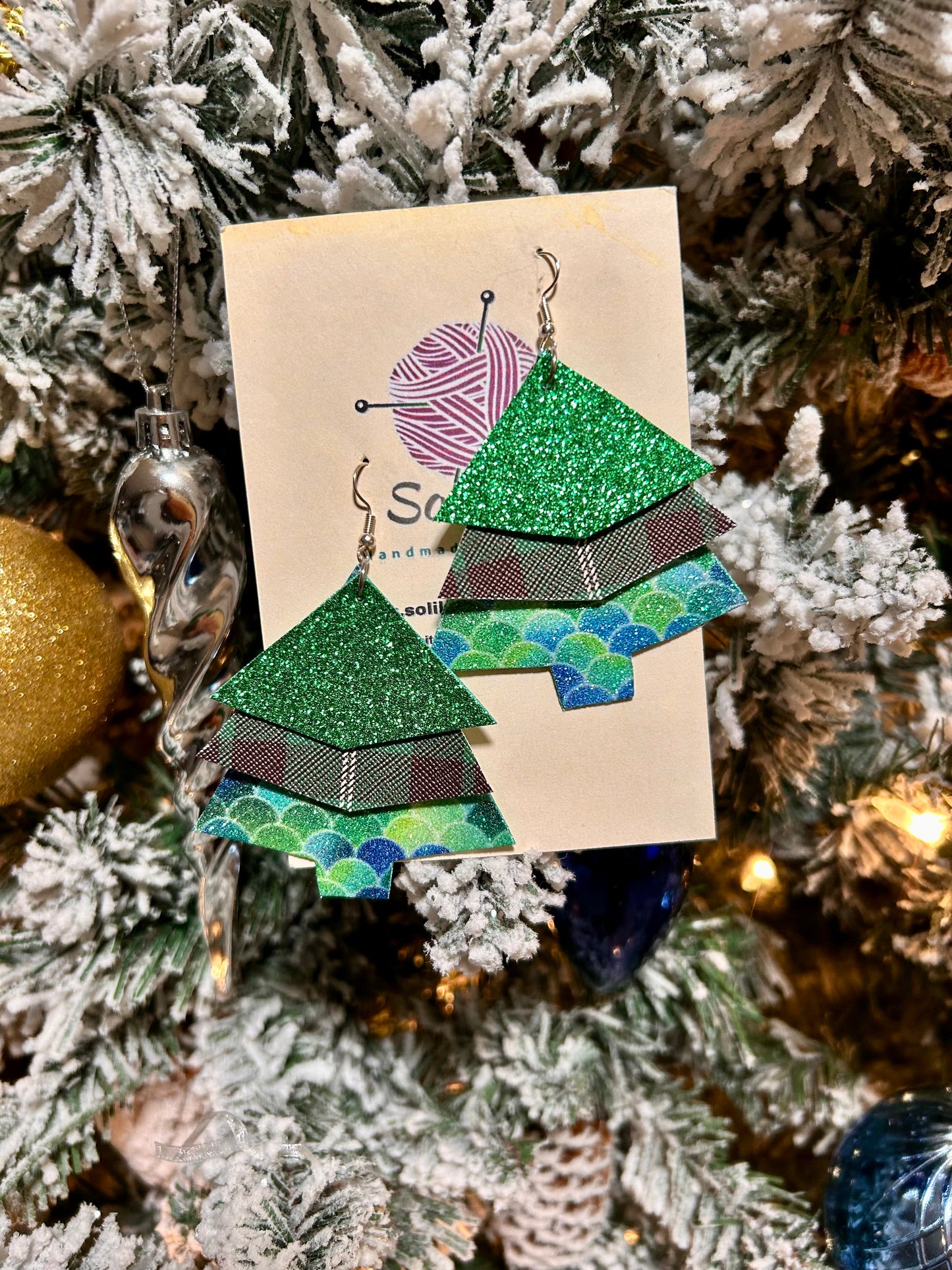 Triple layer Christmas tree Glitter leather earrings