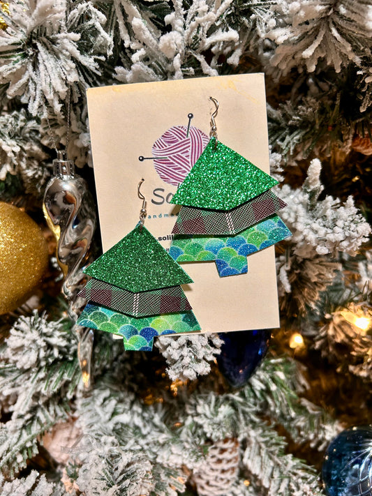 Triple layer Christmas tree Glitter leather earrings