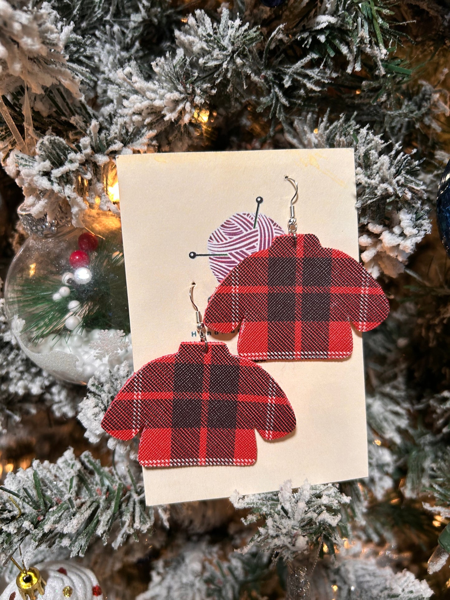 Plaid sweater leather earrings