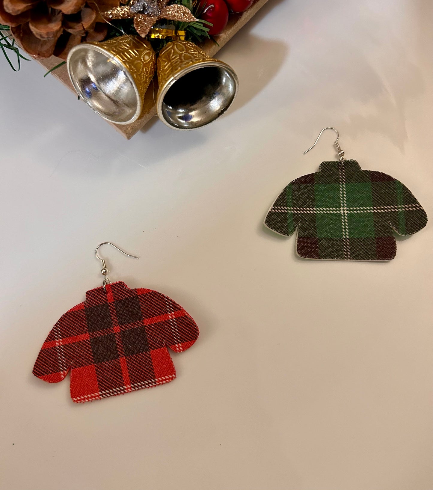 Plaid sweater leather earrings