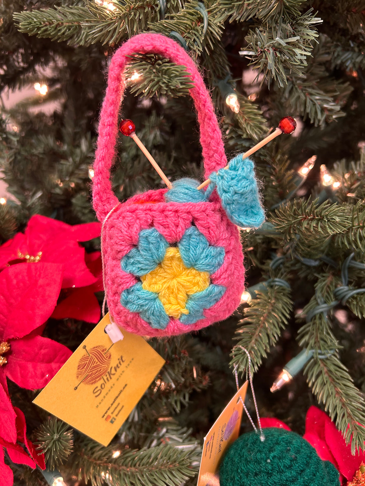 Granny square yarn bag ornament