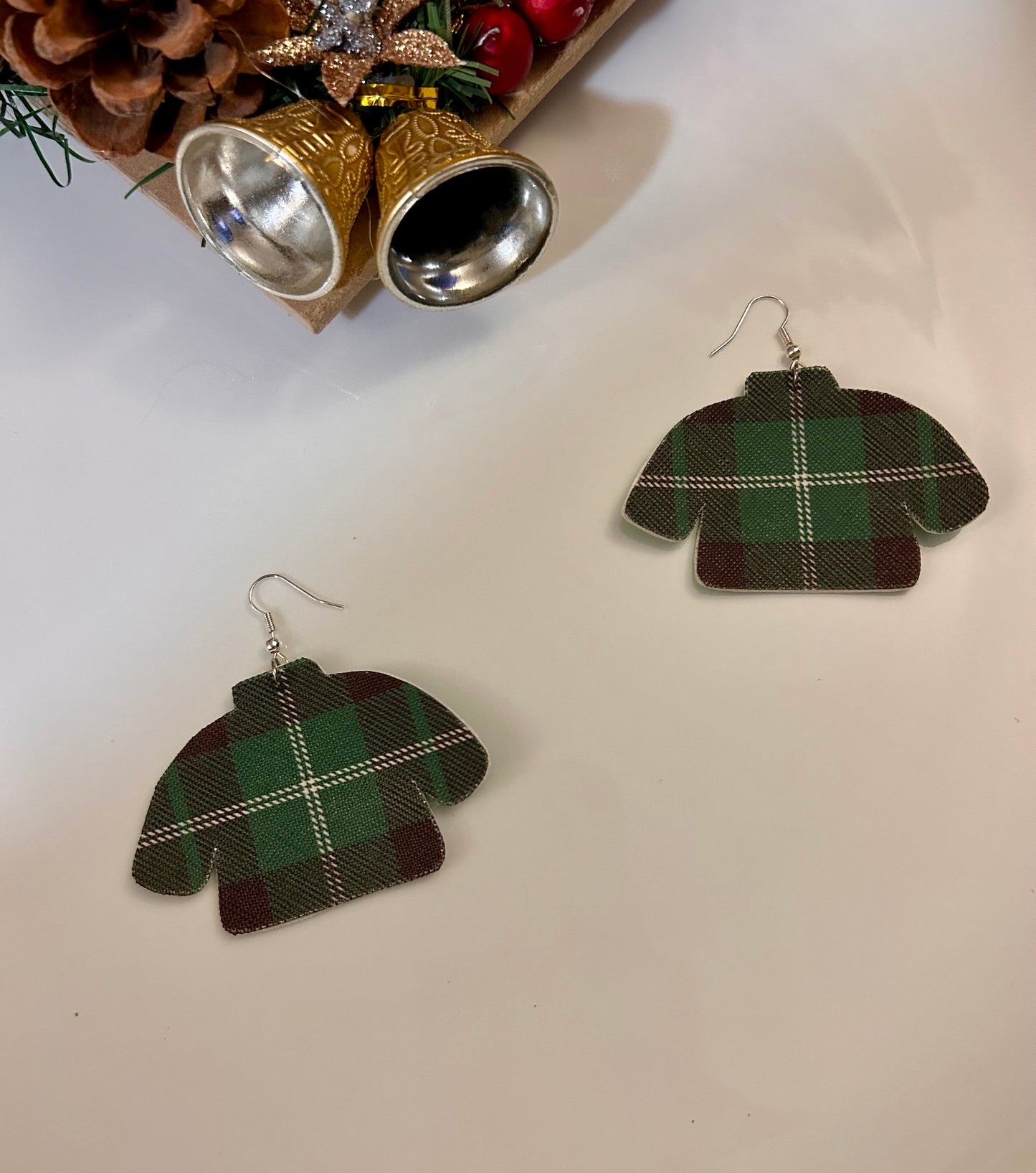 Plaid sweater leather earrings