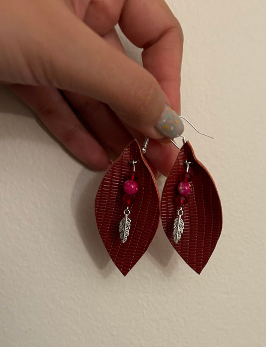 Beaded leaf leather earrings