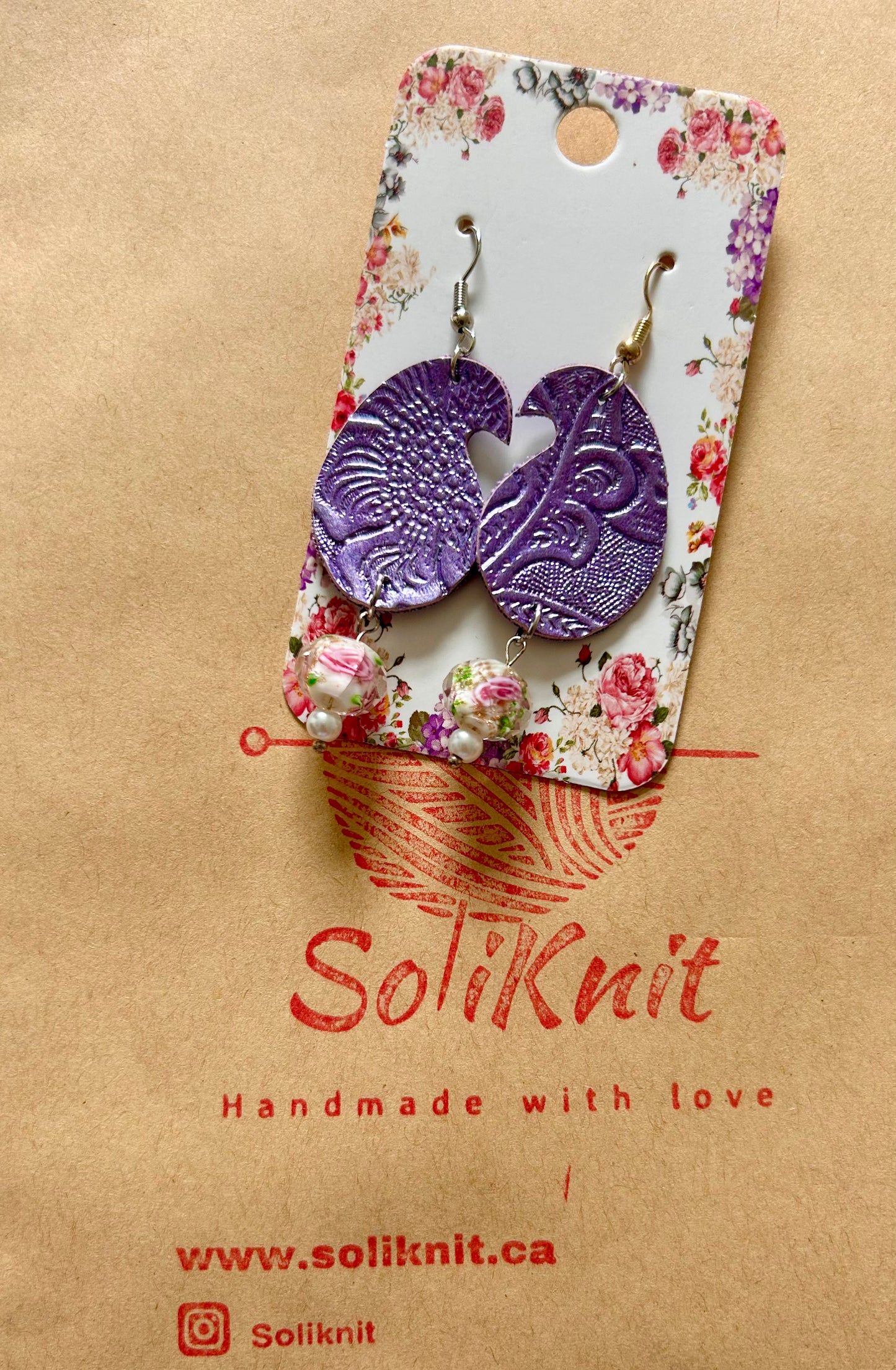 Purple paisley leather earrings