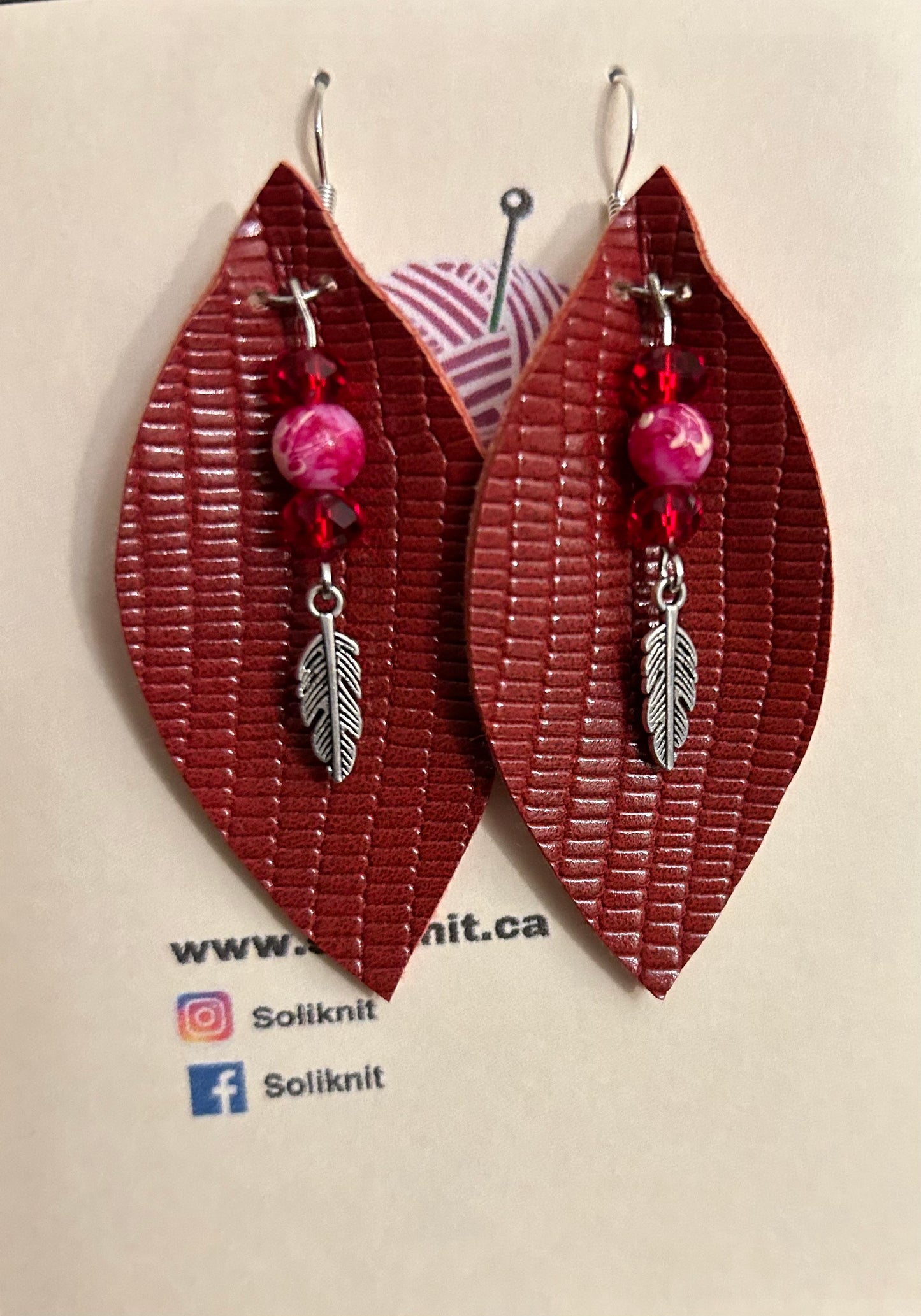 Beaded leaf leather earrings