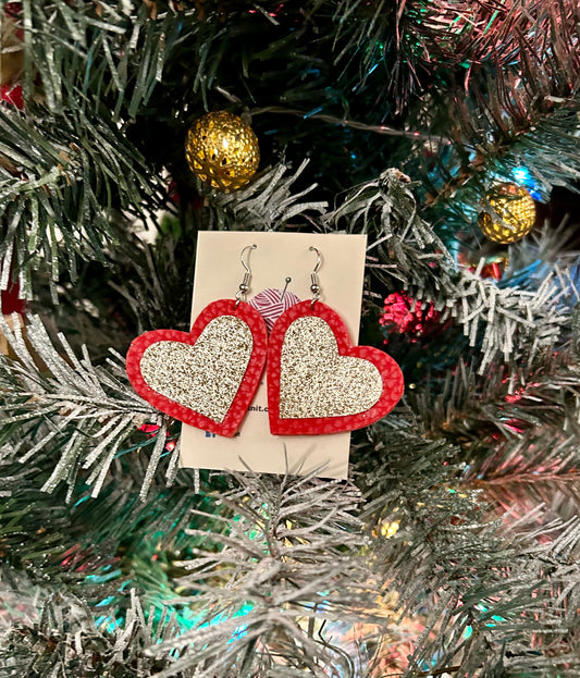 Red-gold  heart leather earrings