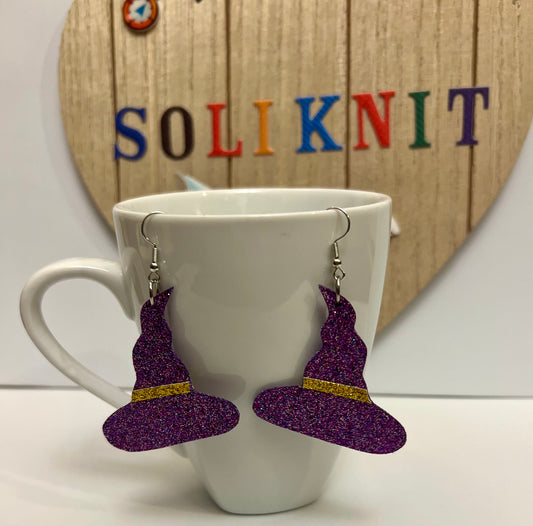 Purple glitter witch hat earrings