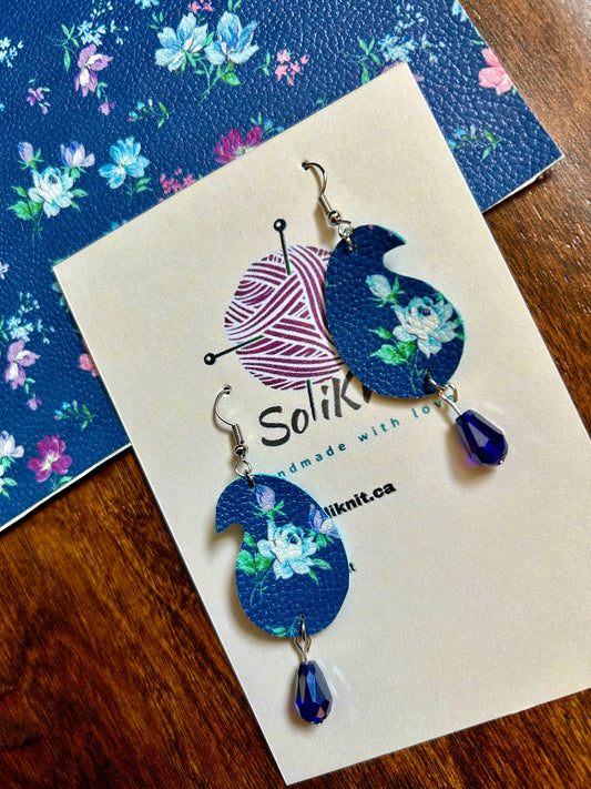 Blue floral Paisley leather earrings