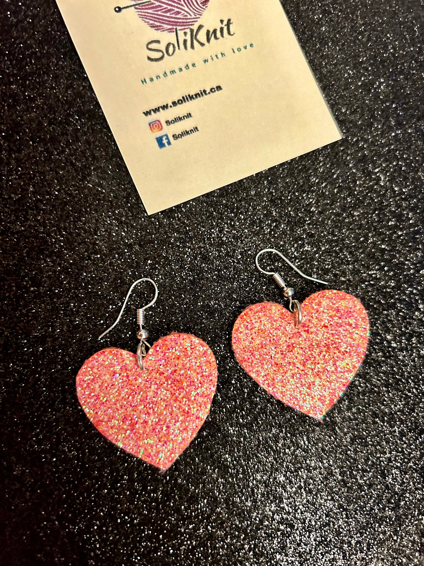 Pink glitter heart leather earrings