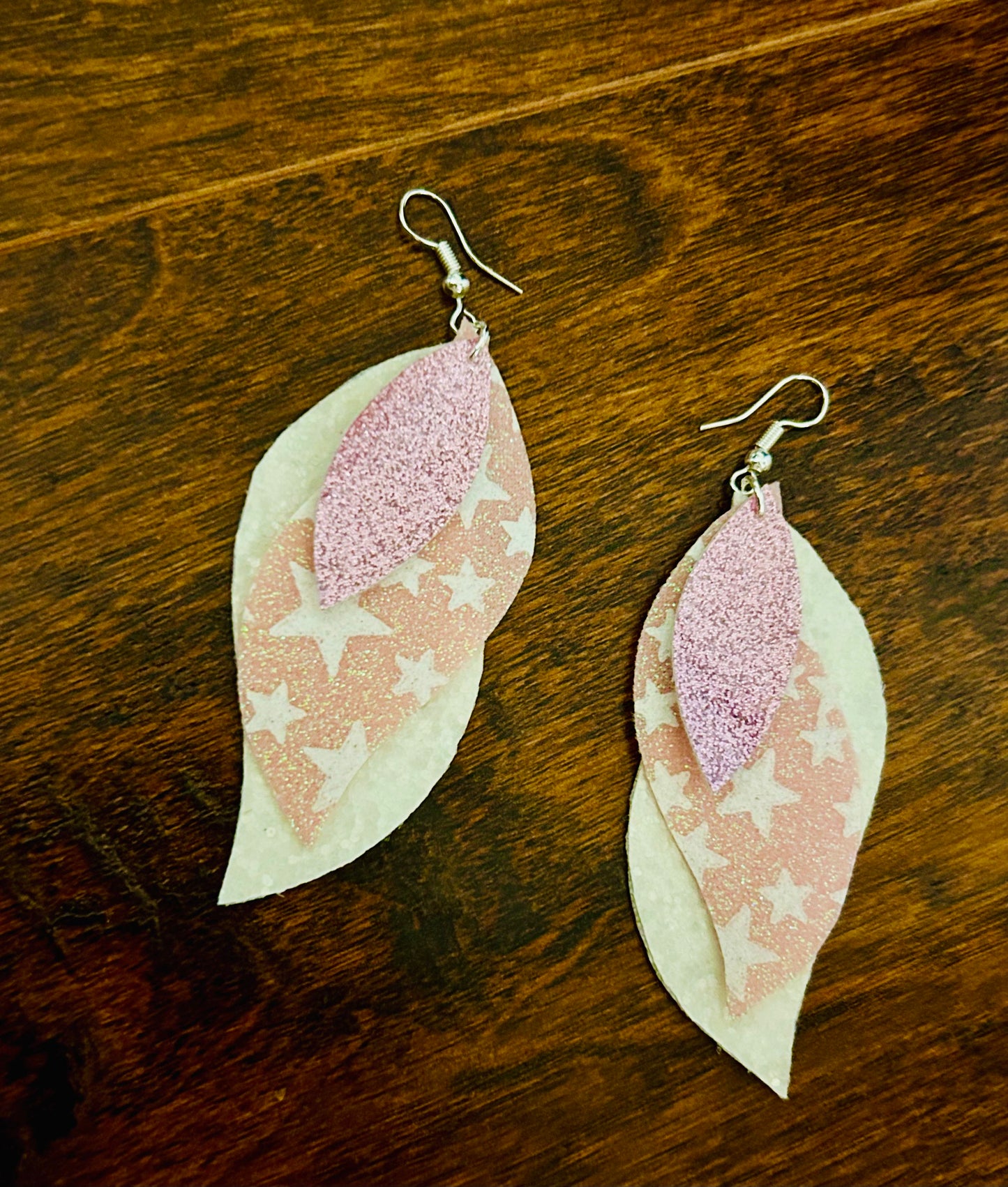 White and pink Triple Stacked leather earrings