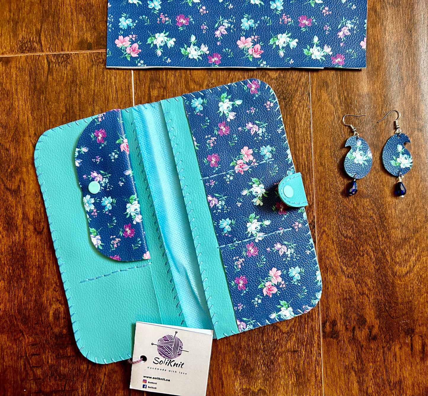 Blue floral Paisley leather earrings