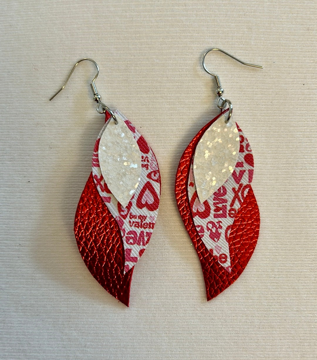 Red Triple Stacked leather earrings