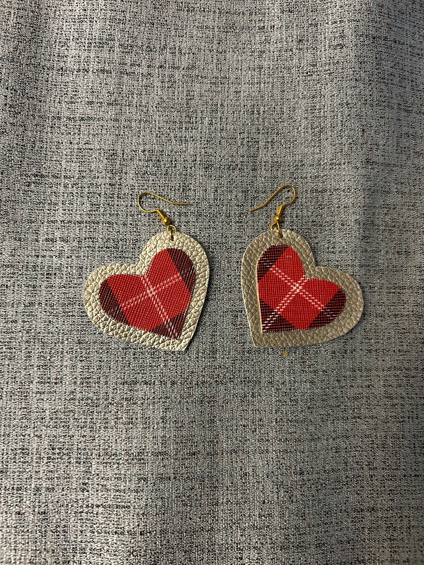 Buffalo plaid  -gold heart leather earrings