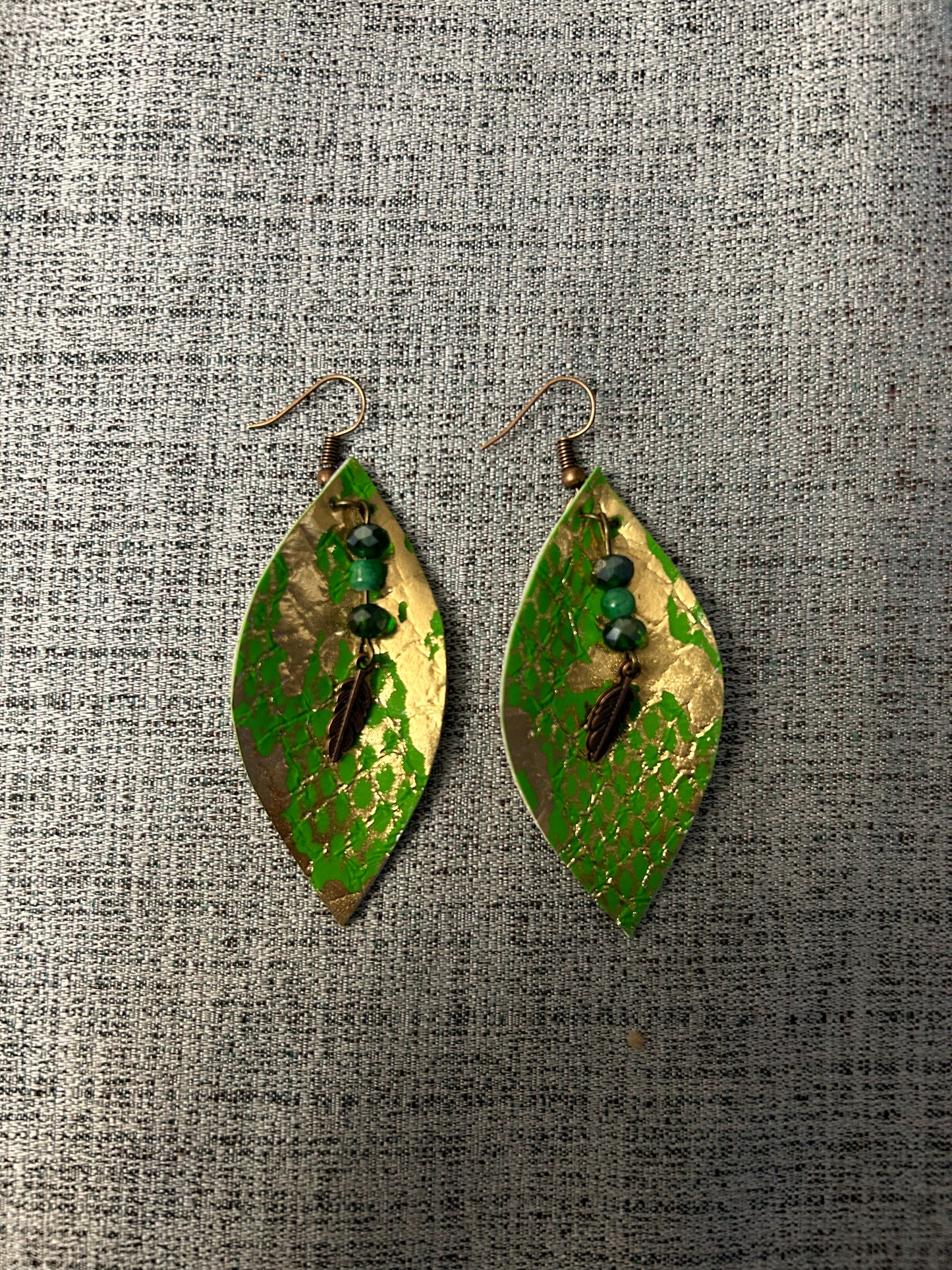 Beaded leaf leather earrings